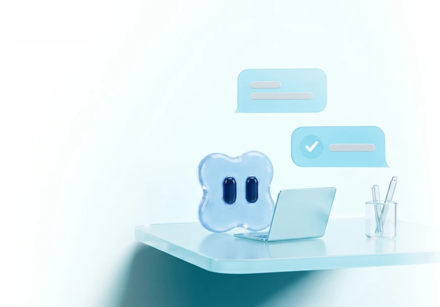 Construct mascot completing a focused task at a personal workspace